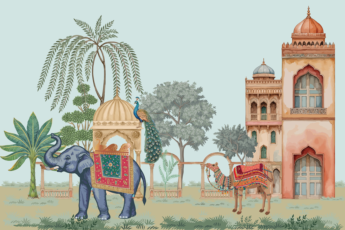 Mughal style Landscape illustration, a Decorative Illustration by Mughal Wallpaper