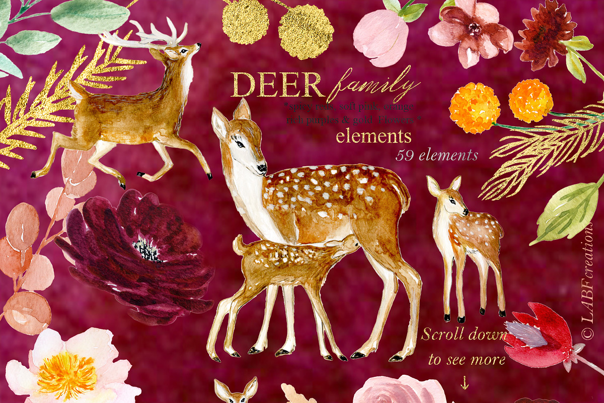 Autumn Watercolor Flowers. Deer, an Animal Illustration by LABFcreations (Photo 6 of 12)