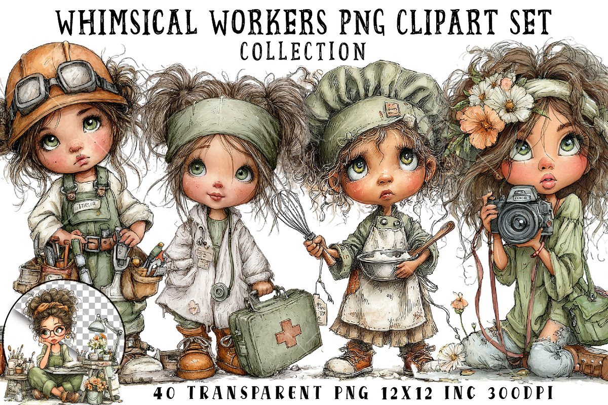 Whimsical Workers PNG Clipart Set, a Seasonal Illustration by OK Design (Photo 1 of 6)