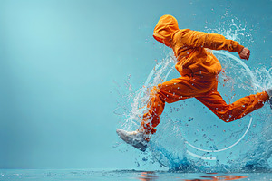 Energetic Man Jumping With Water Splash In Orange Suit