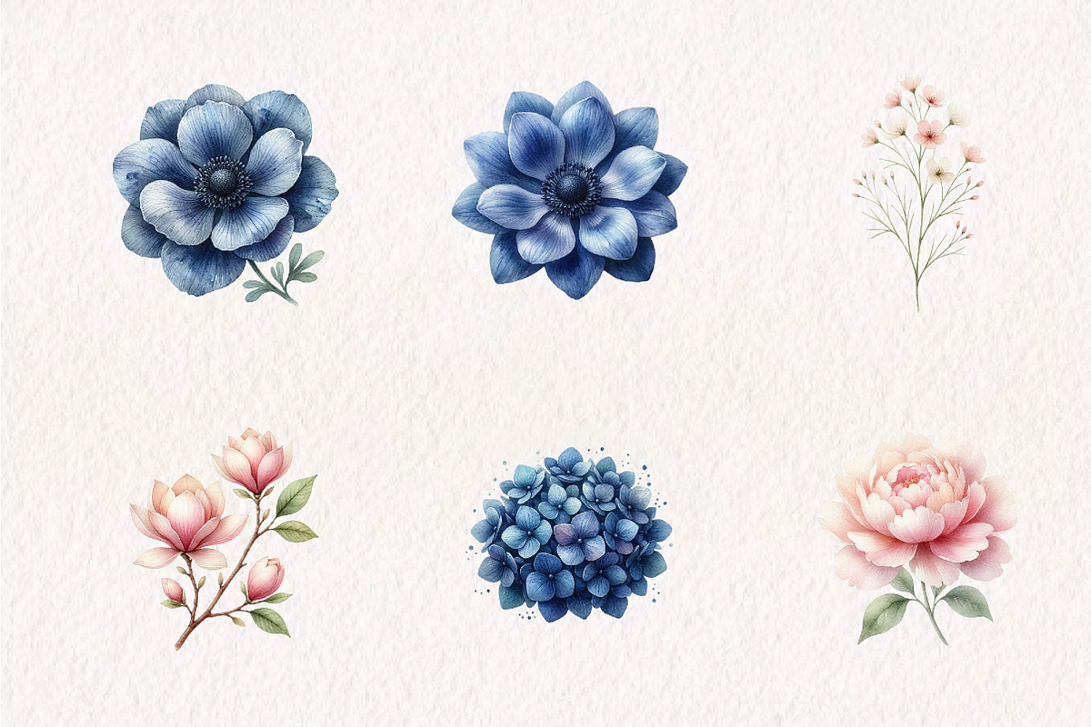 Blush and Blue Leaves Florals, a Seasonal Illustration by CreationArt (Photo 3 of 7)