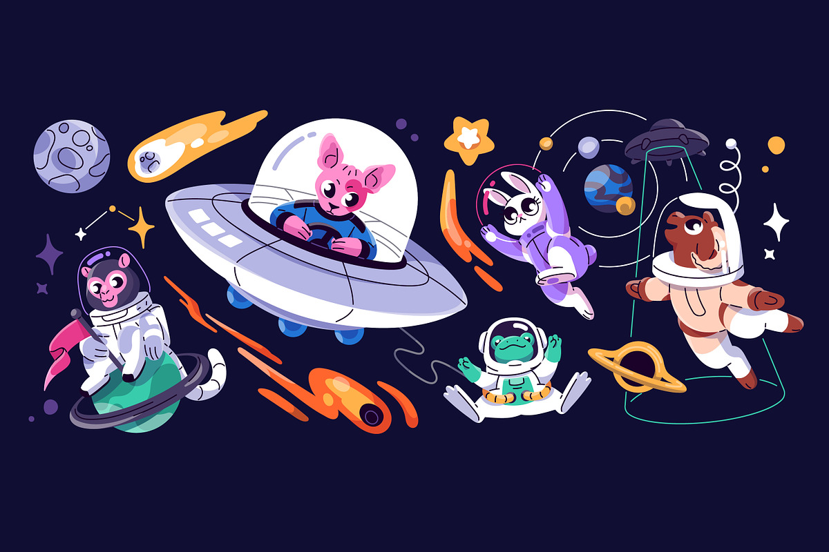 Cute animals astronauts in space set, an Animal Illustration by PaperTrident (Photo 3 of 6)