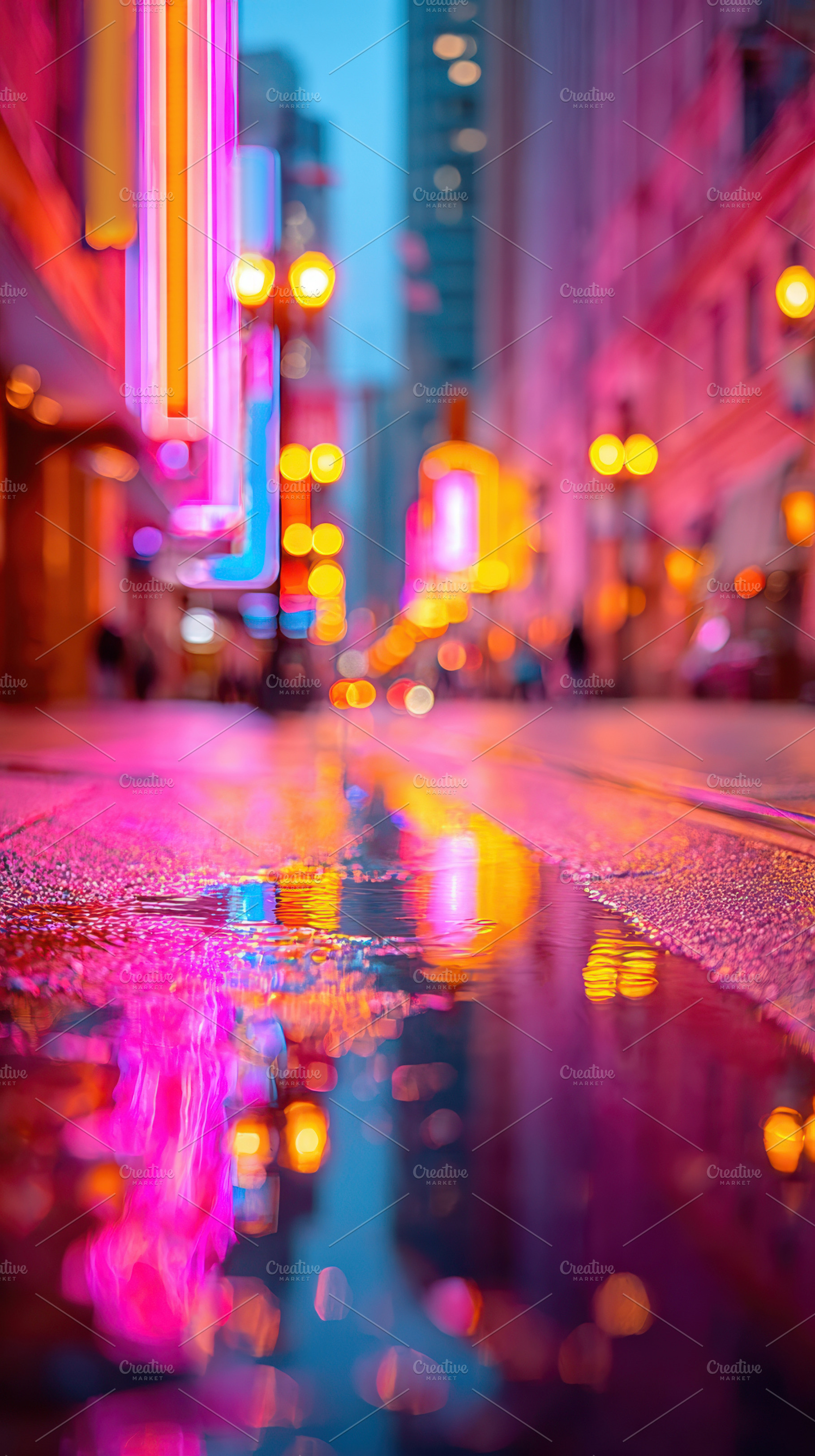 Vibrant city street with neon reflections at dusk, an Architecture Photo by AlyaAnd