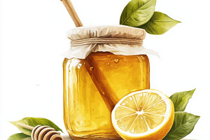 Wooden stick and Honey jar with lemo, a Food & Drink Photo by Pixeness Studio