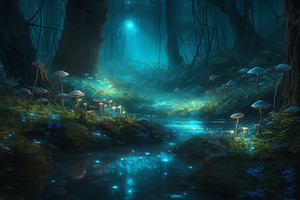 Enchanted Forest with Glowing Mushrooms and Mystical Light, an Abstract Photo by Natalia Klenova's Shop
