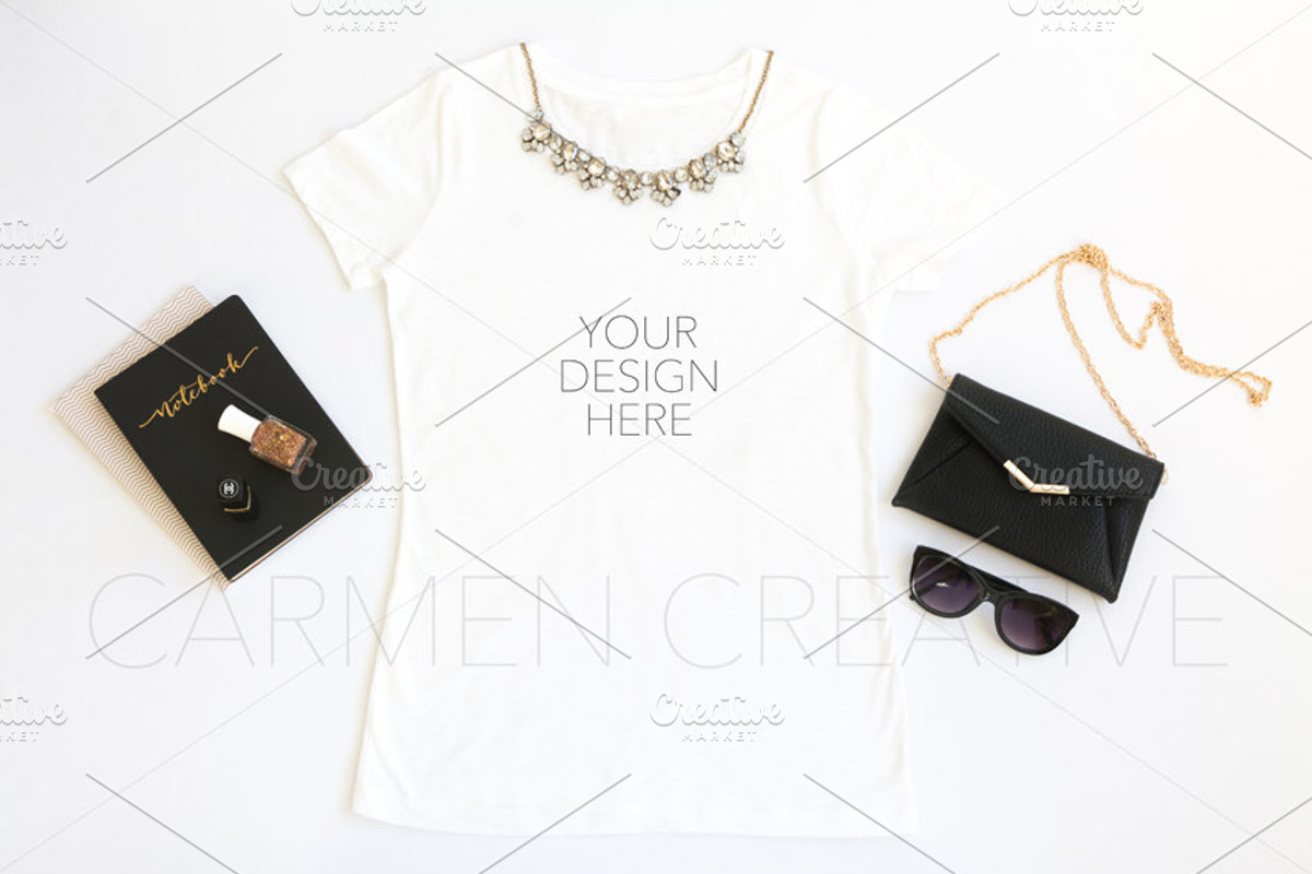 Flat Lay White T-shirt Mockups, a Shirt Mockup by CarmenCreativeStudio (Photo 1 of 2)