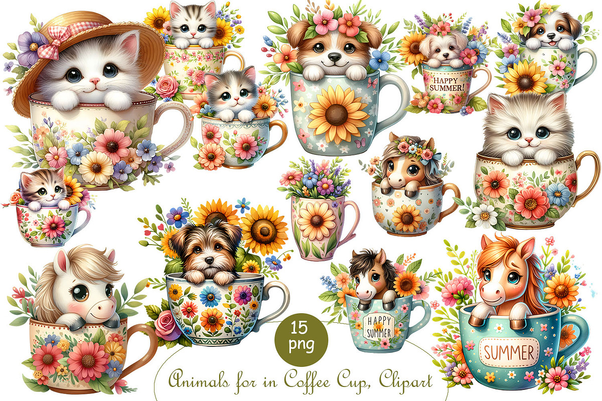 Animals for coffee cup clipart, an Animal Illustration by ElenazlataArt (Photo 1 of 3)