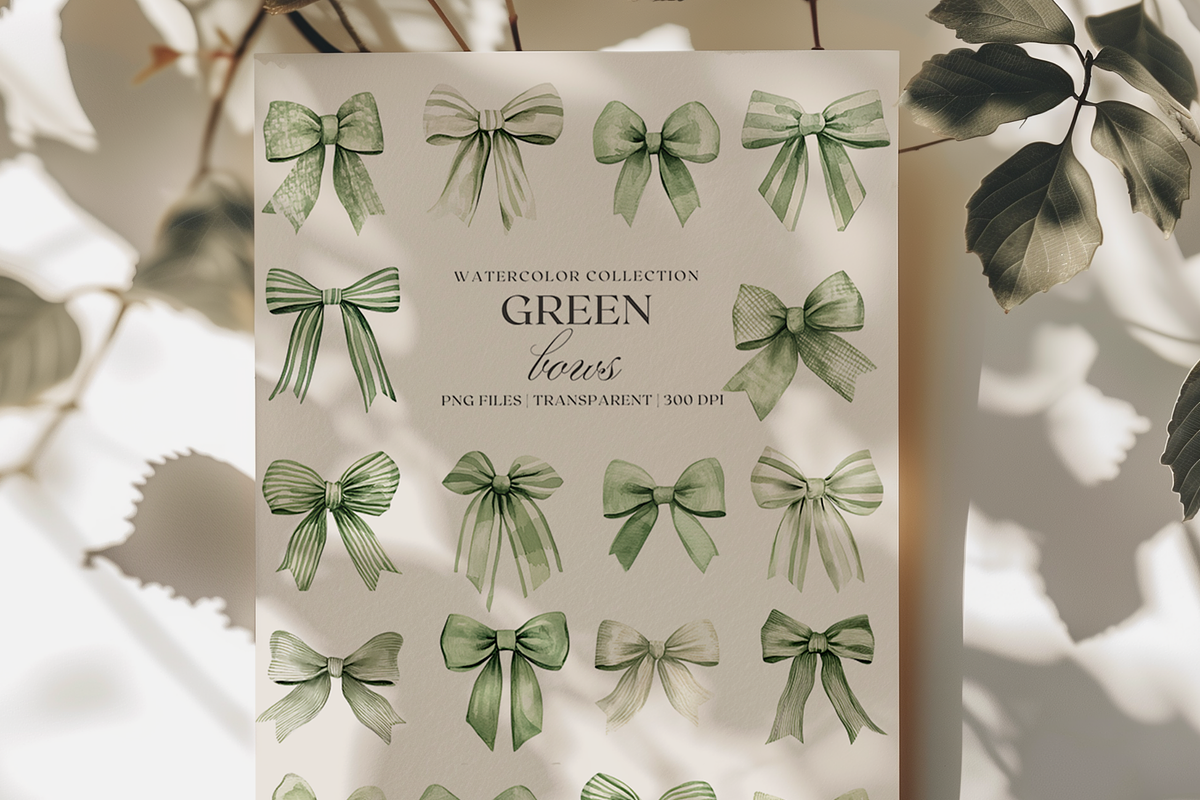 Watercolor Green Bows Clipart, a Decorative Illustration by ThaismotaCreativeCo (Photo 2 of 5)