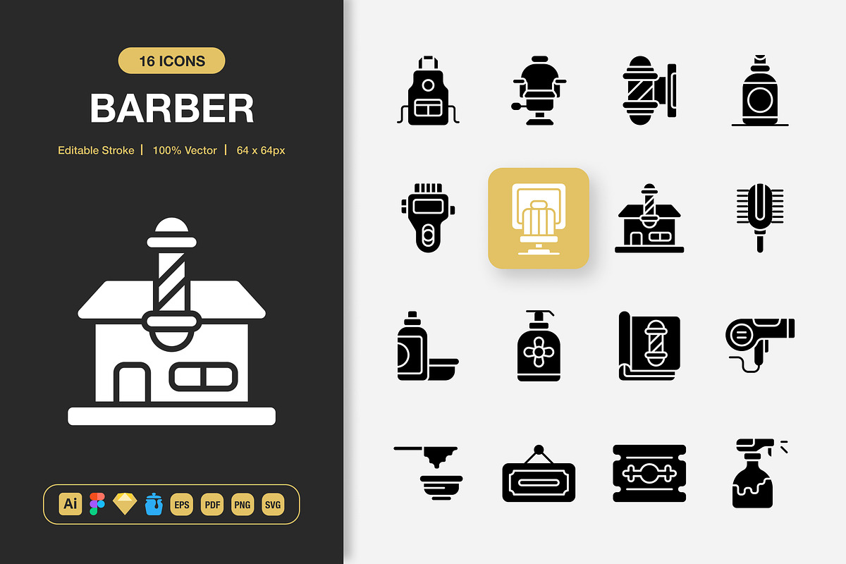 Barber Solid Icons, a Solid Icon by Spacepixel Creative