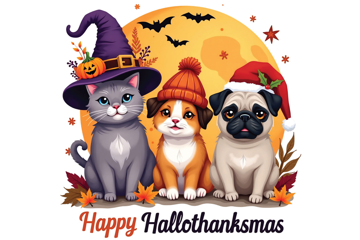 Halloween Cat and Dog with Hat, an Illustration by Vector Portal