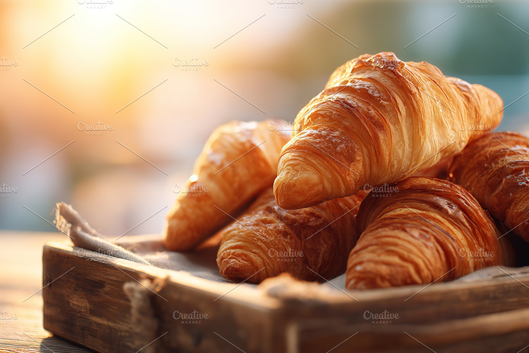 Delightful baked croissants on a rustic wooden tray at sunset, a Food & Drink Photo by AlyaAnd