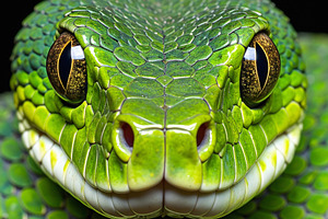Close-up portrait of a green snake with golden eyes, an Animal Photo by GoodGoods