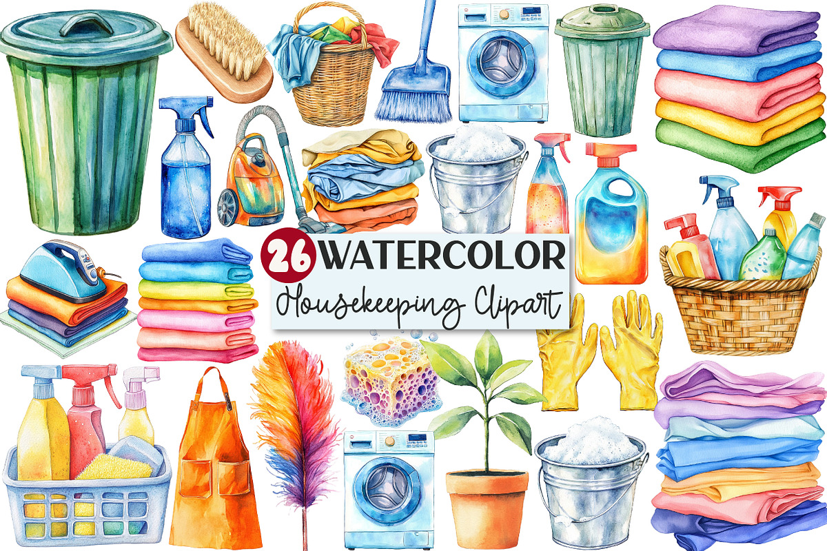 Watercolor Housekeeping Clipart, an Illustration by Rose Art (Photo 1 of 4)