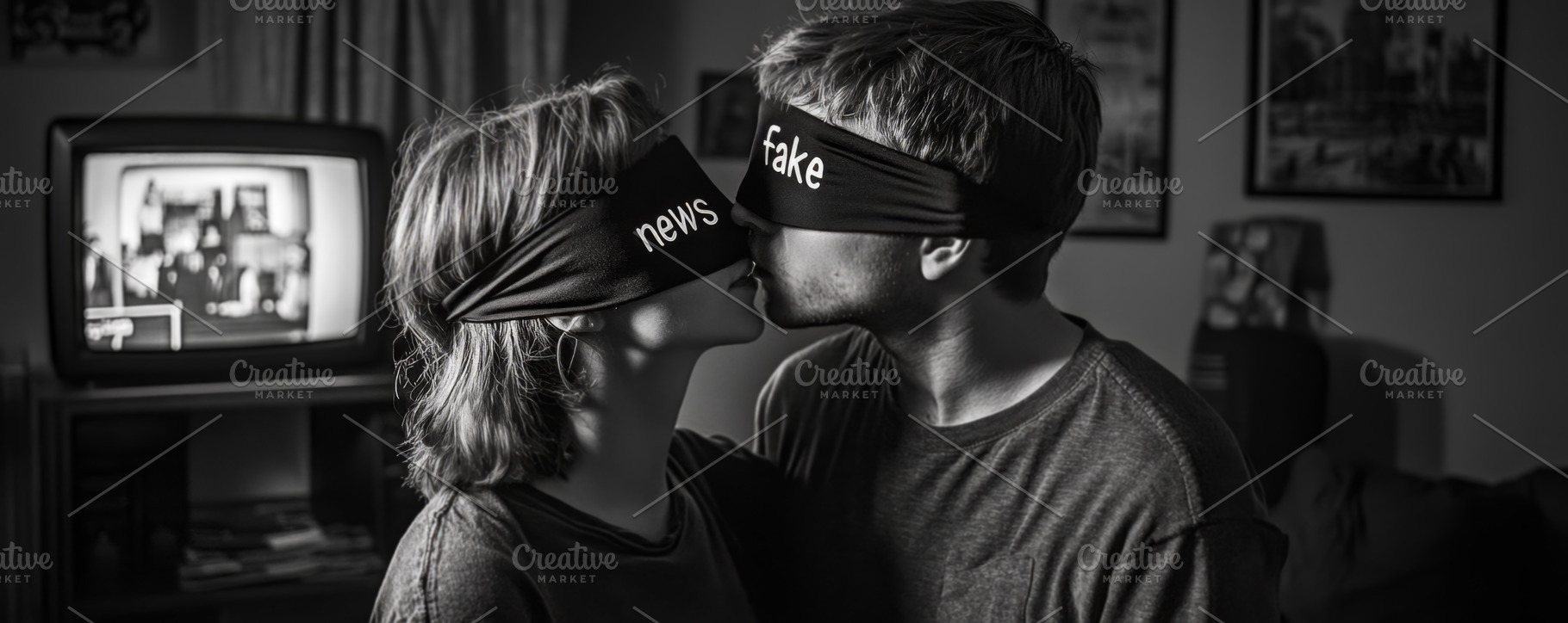 Conceptual Black and White Image of Blindfolded Couple and Fake, an Abstract Photo by Natalia Klenova's Shop
