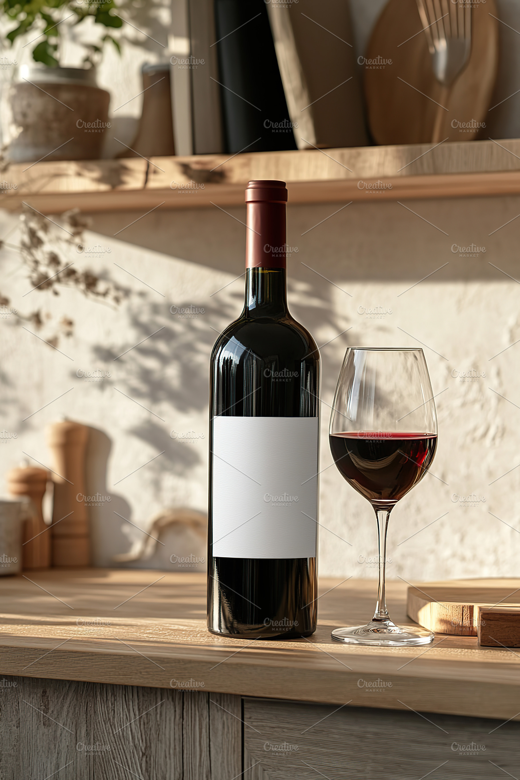 Elegant red wine bottle with blank label and glass on wooden kit, a Food & Drink Photo by AlyaAnd