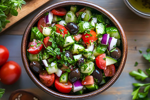 Fresh greek salad with tomatoes cucumbers and olives, a Food & Drink Photo by Photostock
