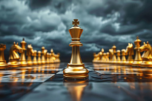 Golden king chess piece on a dramatic chessboard under stormy sk, a Photo by José Manuel Gelpi