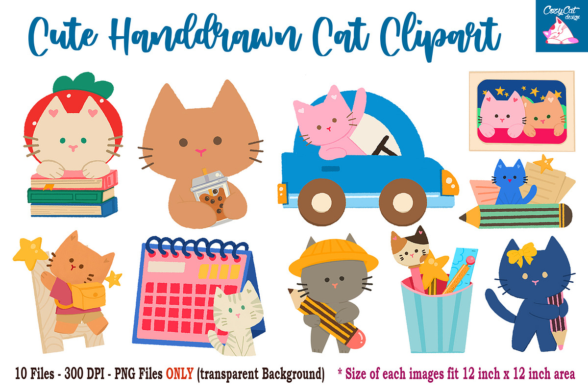 Cute Cat Handdrawn Clipart, an Object Graphic by Cozy Cat Design (Photo 1 of 3)