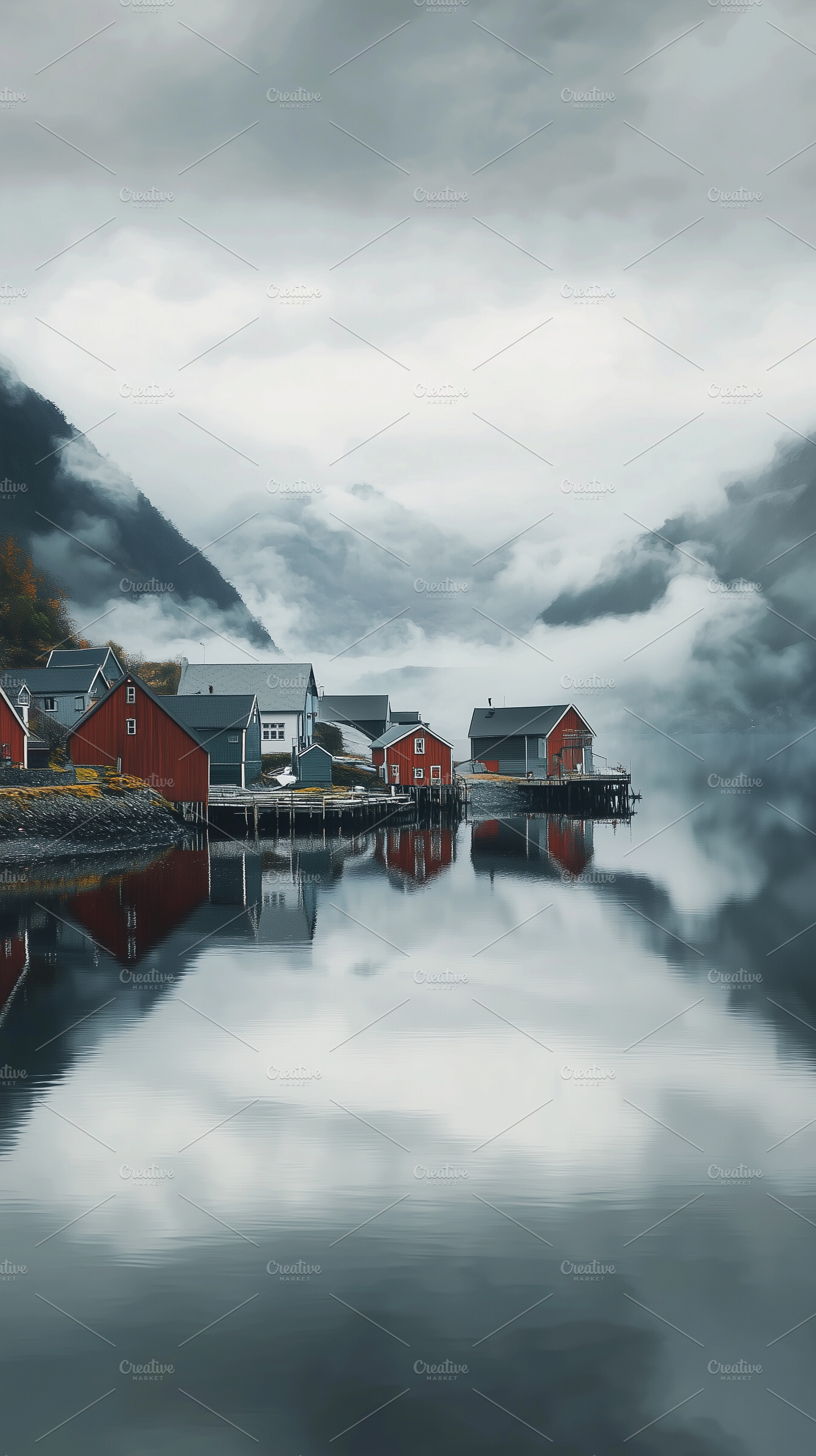 Misty Scandinavian fjord with cabins, a Nature Photo by MistyDay