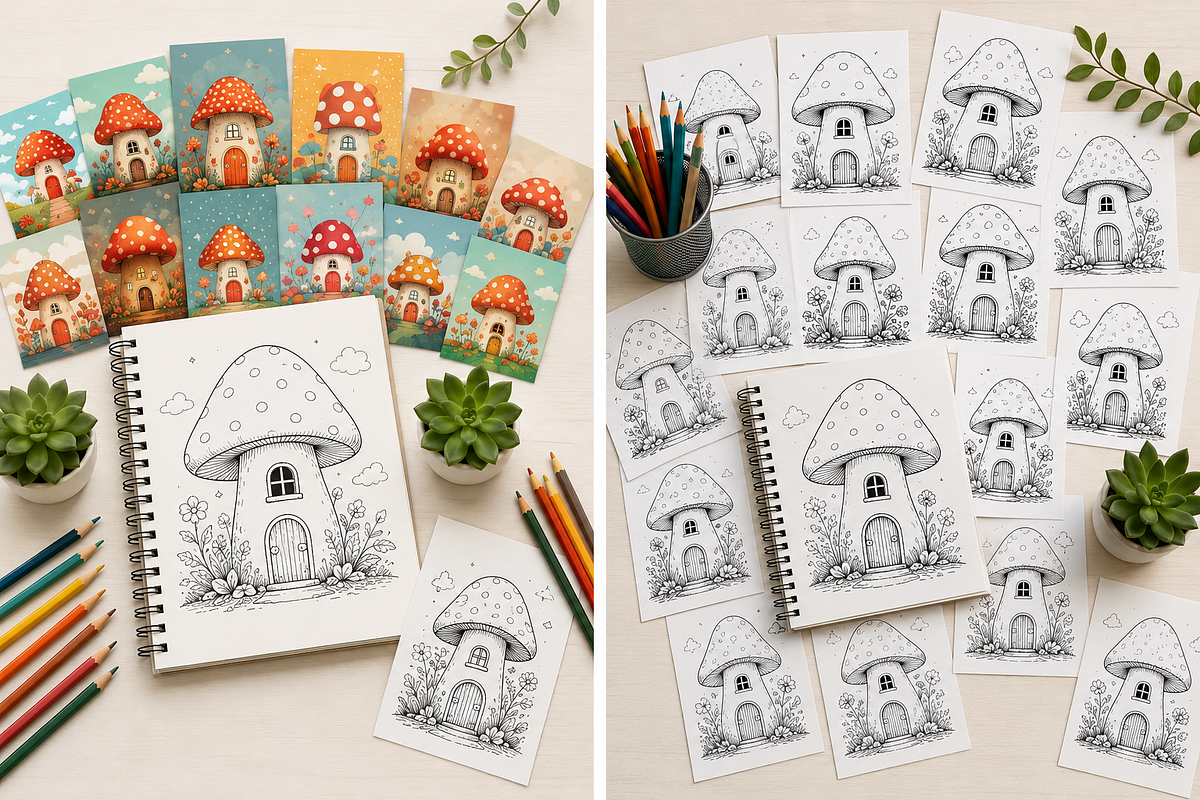 Mushroom House Coloring Book Pages, a Pattern Graphic by S Graphic Studio (Photo 3 of 3)