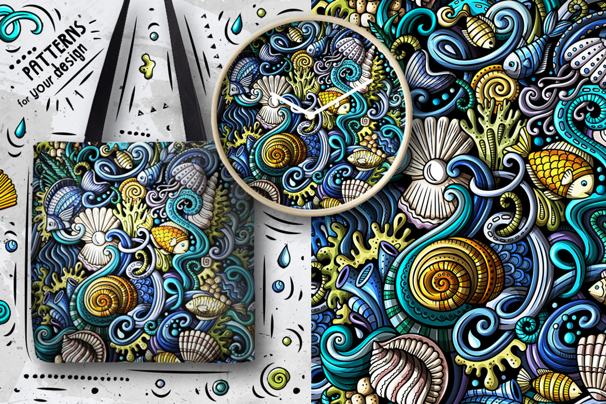 Sea Life Doodle Seamless Patterns, a Pattern Graphic by BALABOLKA (Photo 4 of 8)