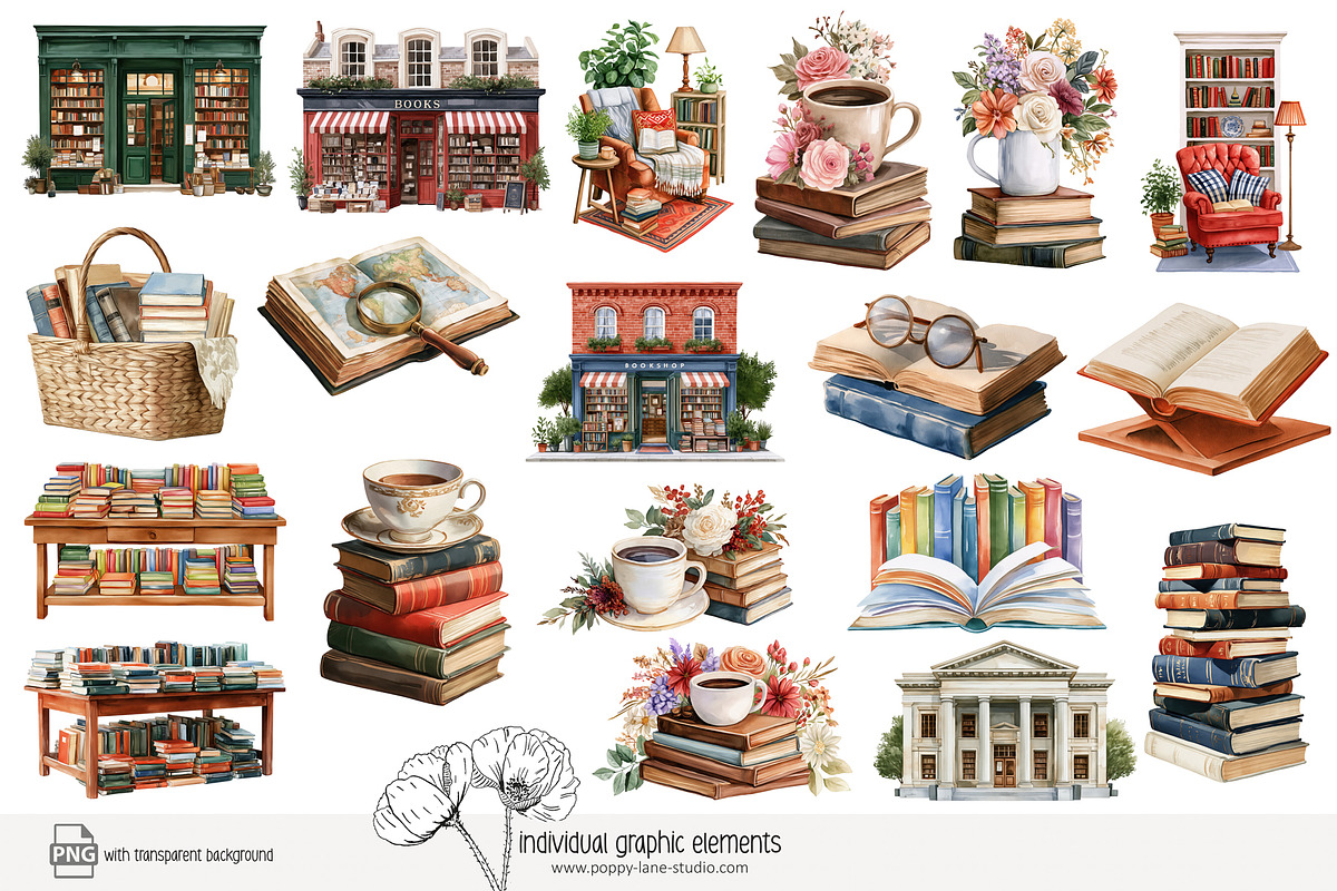 105 book lover clip art, an Object Illustration by Poppy Lane Studio (Photo 10 of 12)