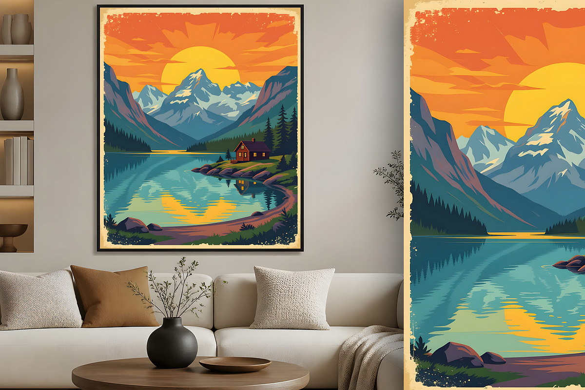 Vintage Poster Cabin By a Lake, a Decorative Illustration by Sharon Schwalbe (Photo 1 of 6)