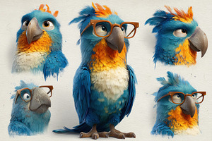 Colorful blue parrot character with glasses expressions cartoon, an Animal Photo by José Manuel Gelpi