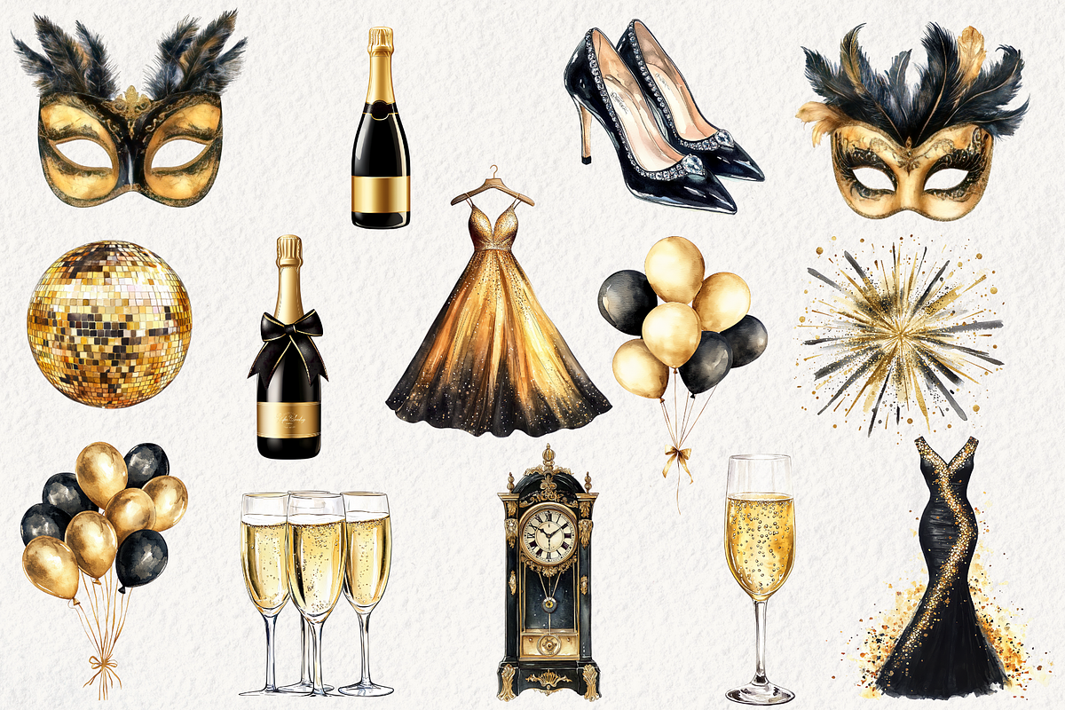Black & Gold New Years Party Clipart, an Illustration by NadiaTheronArt (Photo 2 of 5)