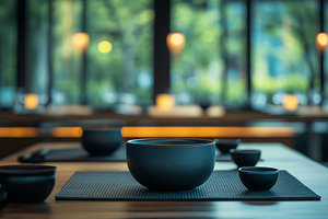 A serene dining setting featuring a large black bowl surrounded by smaller bowl, a Background Photo by ImageMir