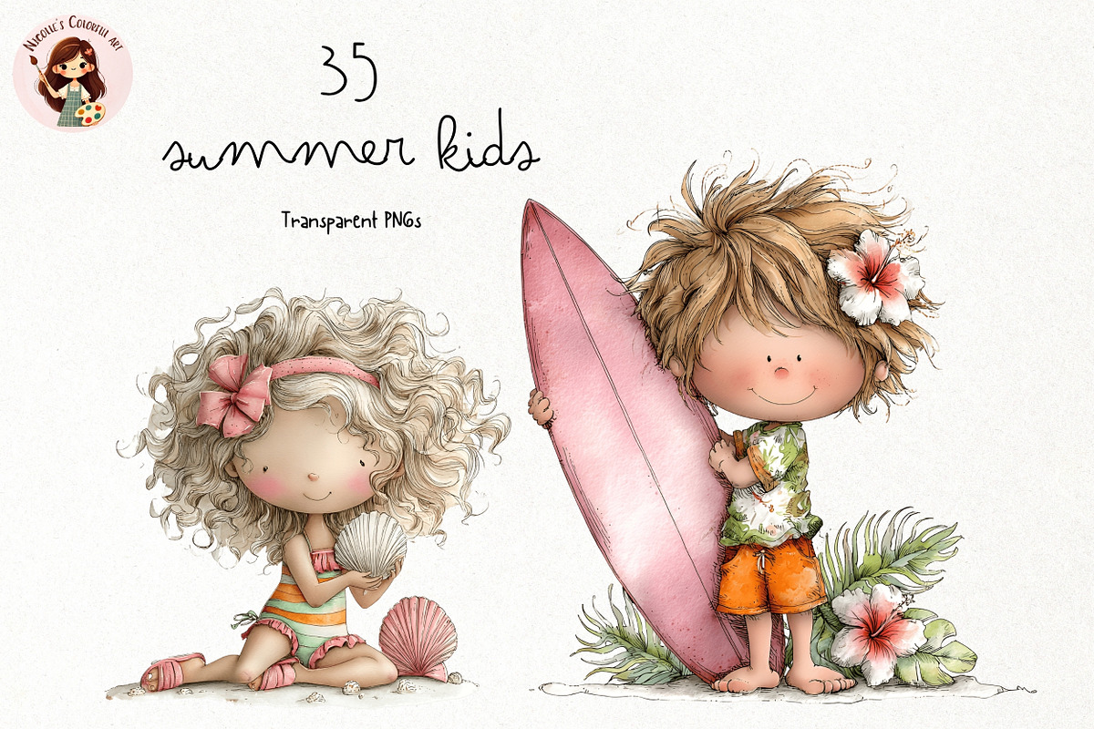 Summer Kids PNG Clipart Watercolor, a Seasonal Illustration by Nicolle's Colorful Art (Photo 1 of 4)