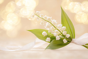 Small bouquet of lily of the valley resting on wooden surface, c, a Photo by Dvoevnore photos
