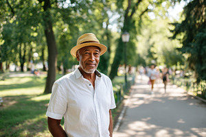 Mature man in straw hat walks through a lush green park on a sunny day, a Person Photo by AlyaAnd
