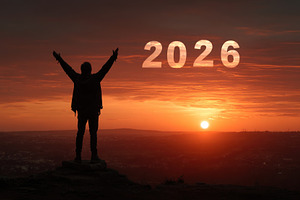 Man celebrating success on mountain peak at sunrise with 2026 in, a Person Photo by José Manuel Gelpi