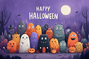 Cute Halloween monster group illustration with smiling creatures, a Holiday Photo by José Manuel Gelpi