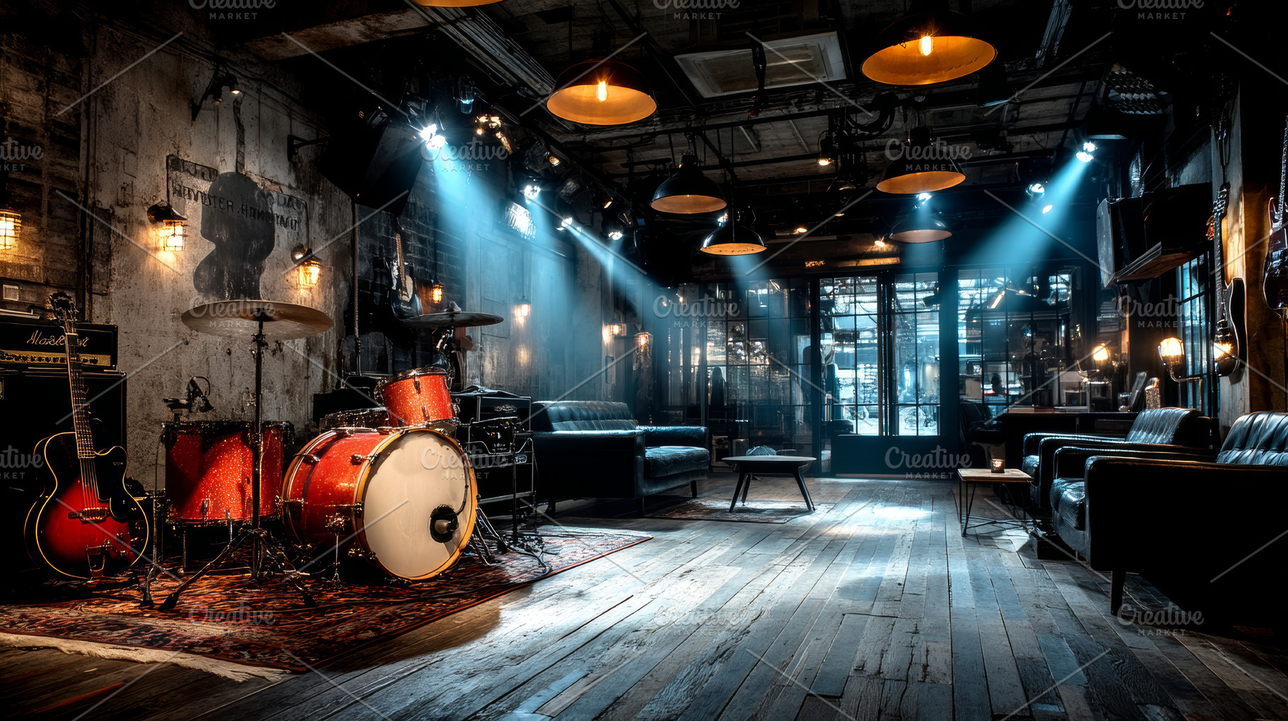 Rustic music studio with ambient lighting and vintage instruments on wooden flo, a Photo by AS photostudio