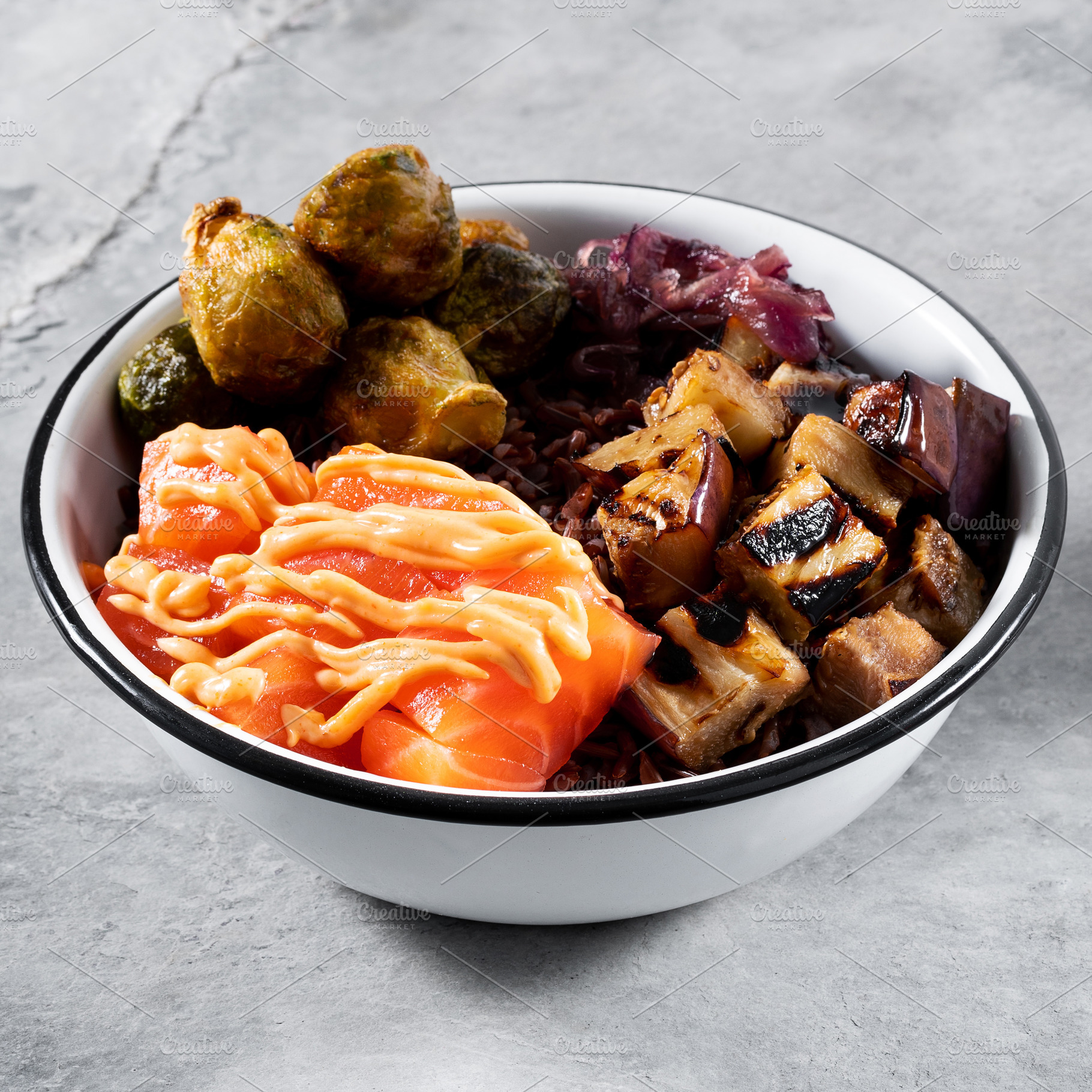 salmon poke bowl (eggplant, brussel sprout, caramelized onion an, a Food & Drink Photo by IriGri