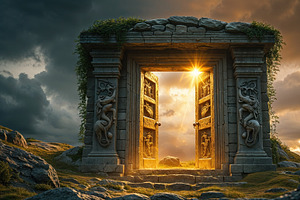 Glowing ornate stone portal standing, an Illustration by wavebreak