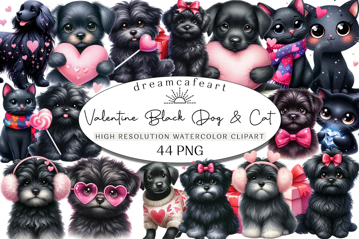 Whimsical Valentine Black Dog & Cat, an Illustration by DreamCafeArt (Photo 1 of 6)