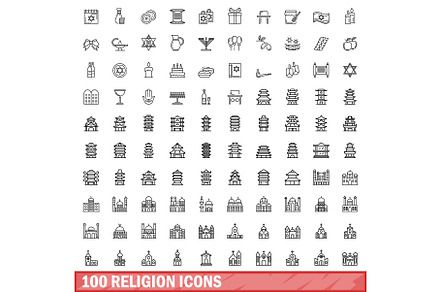 100 religion icons set, outline, an Illustration by Ylivdesign