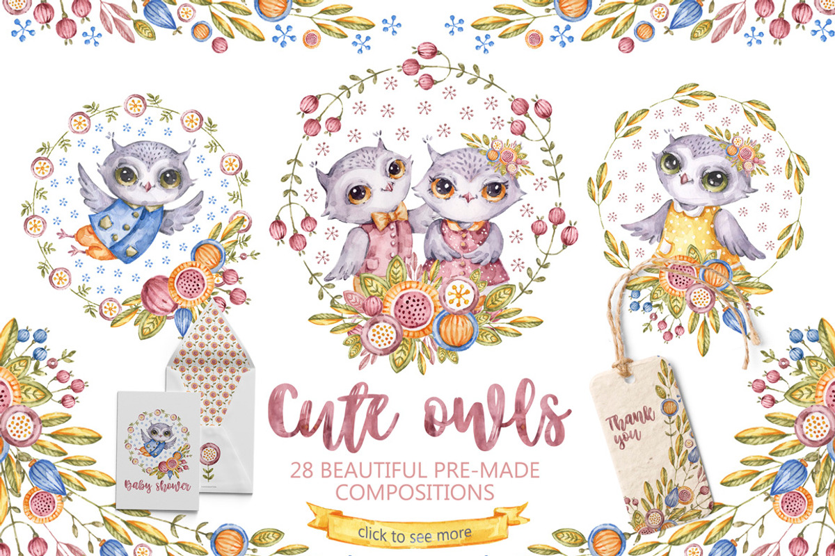 Cute owls. Watercolor collection, an Animal Illustration by UlitkaStudio (Photo 3 of 17)