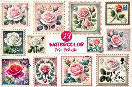 Valentine Rose Postage Stamp Clipart, an Illustration by CreationArt