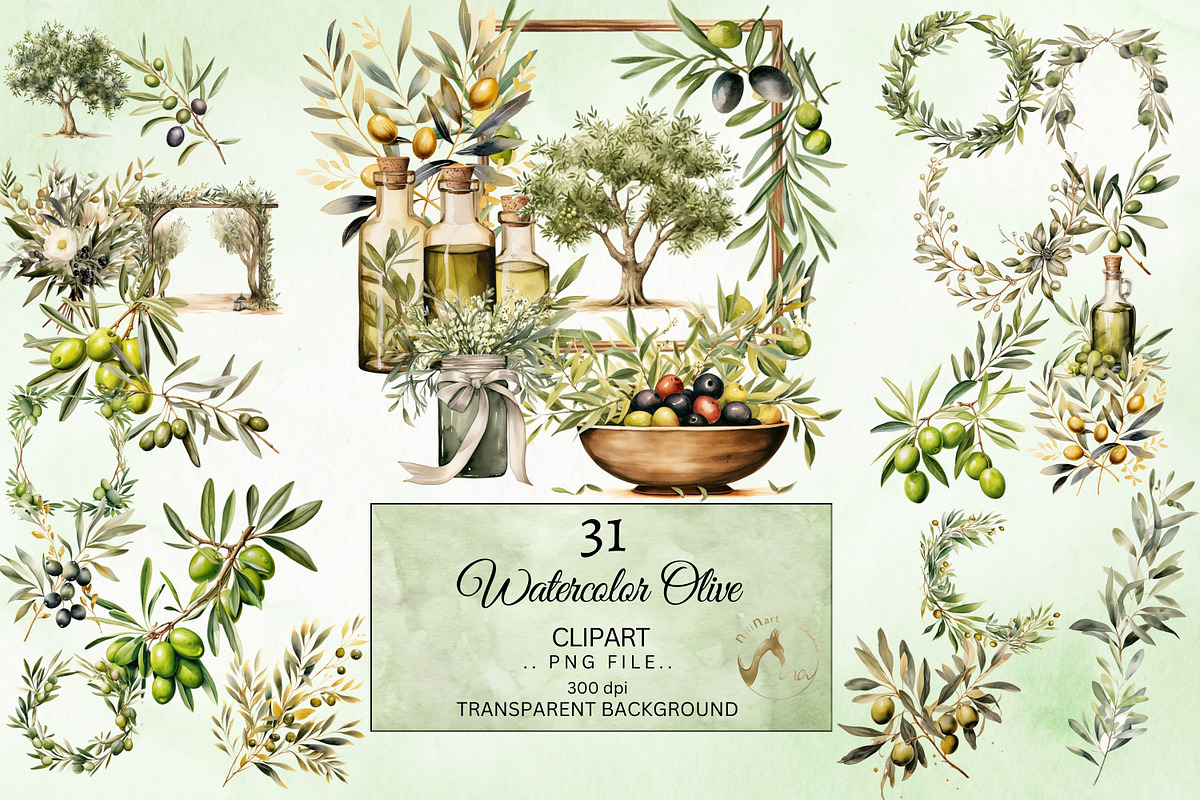 Watercolor Olive Clipart, an Illustration by NiiiNArt (Photo 1 of 7)