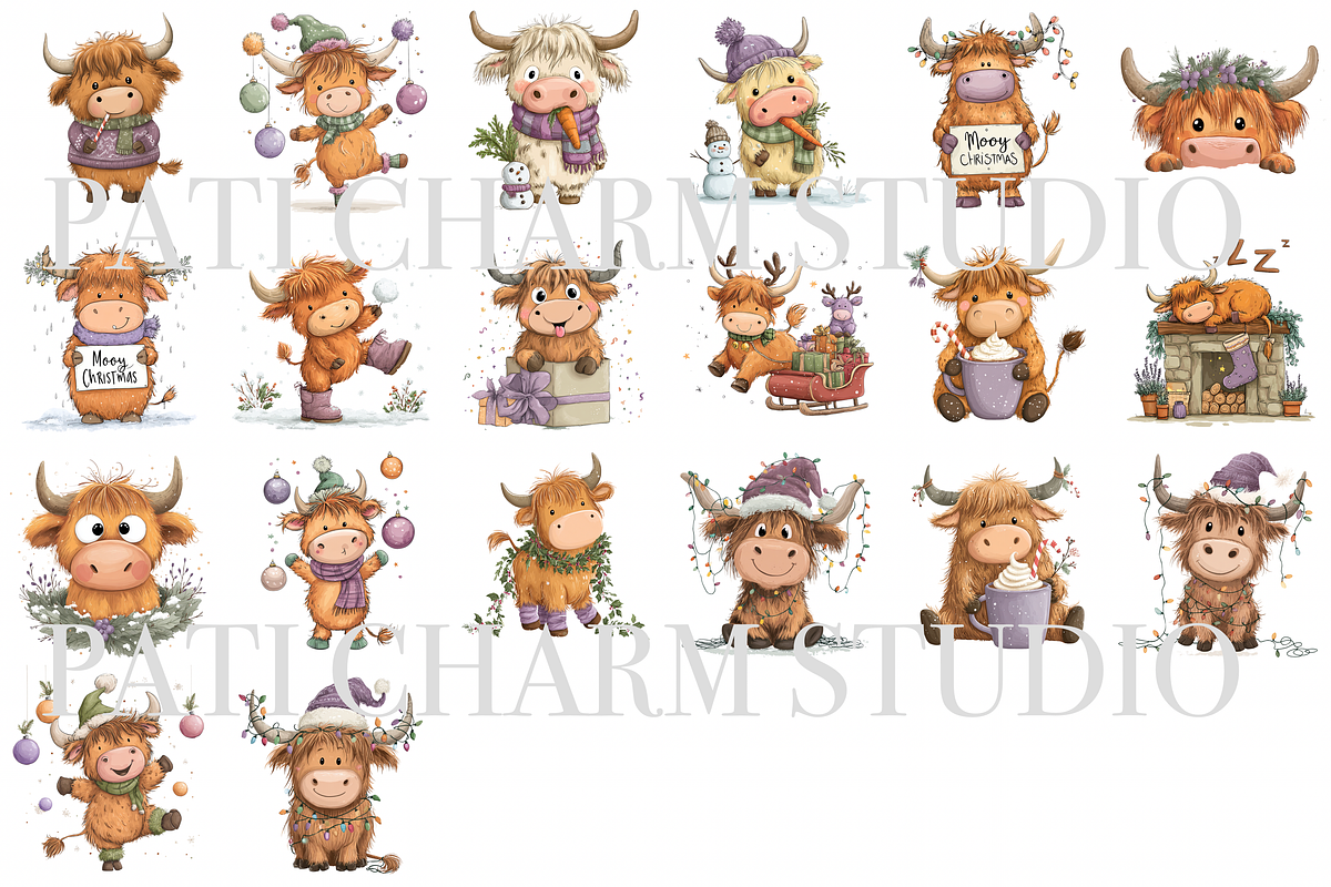 20 Christmas Highland Cow Clipart, an Animal Illustration by Pati Charm Studio (Photo 2 of 8)