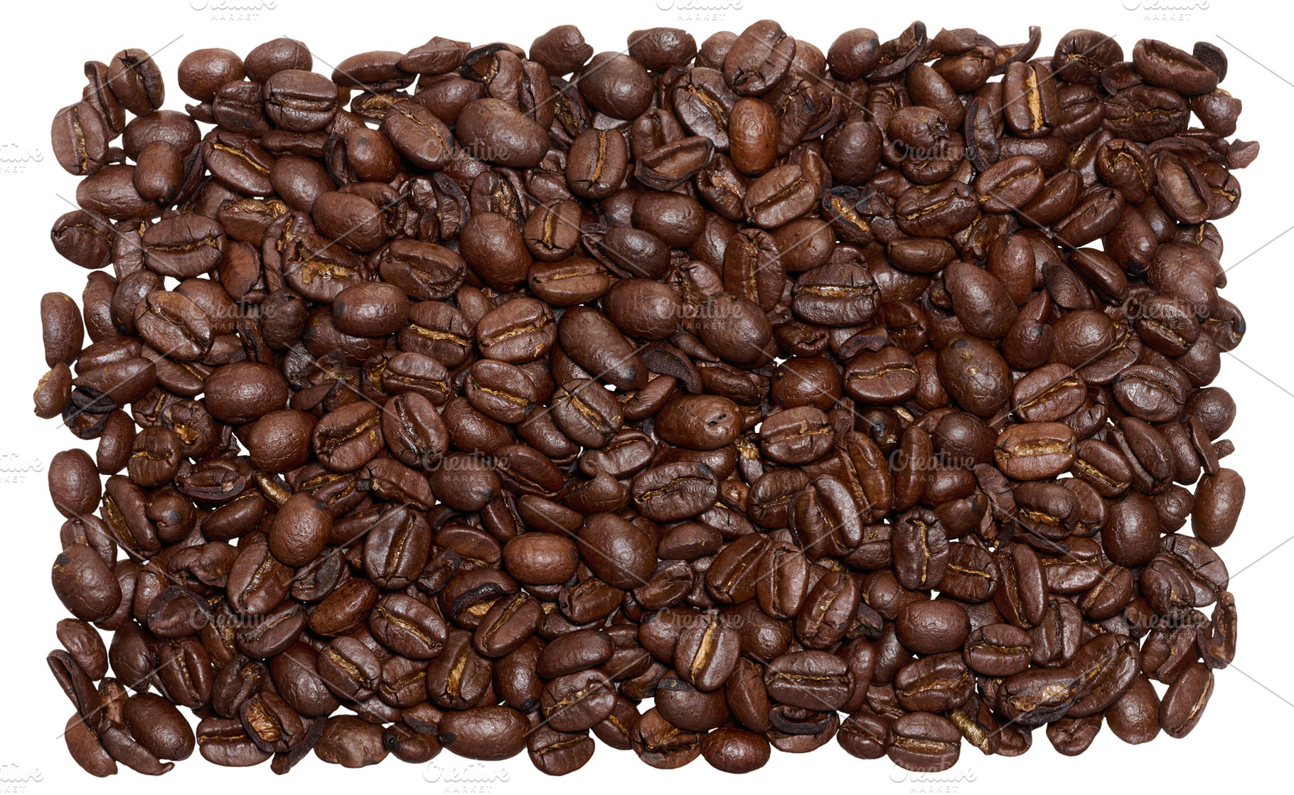 Scattered roasted coffee beans on isolated background, top view, a Food & Drink Photo by ndanko