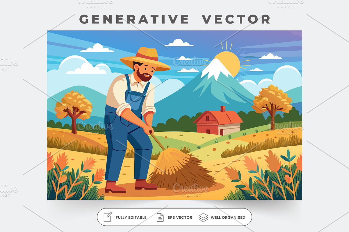 A farmer gathers straw from wheat fi, a Graphic by Iftikhar Alam