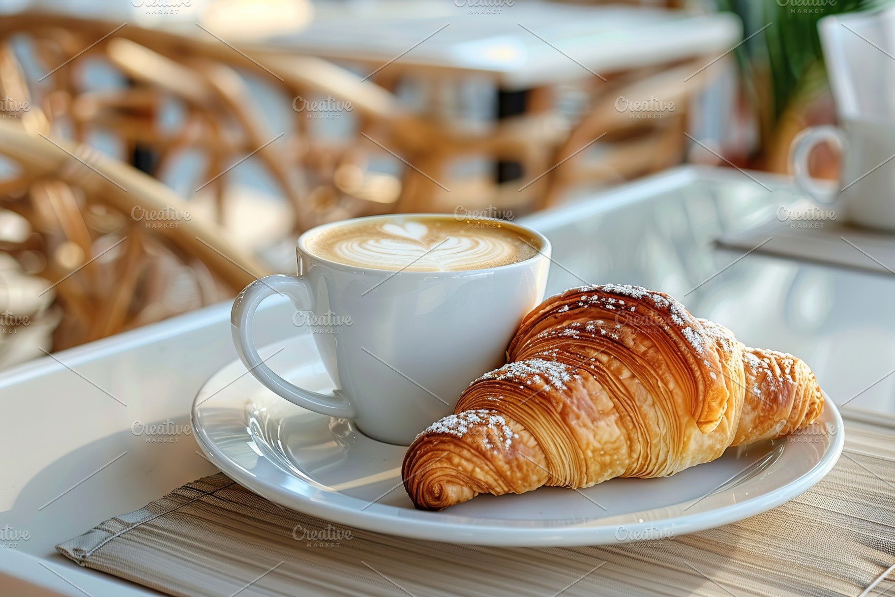 Cup of coffee and croissant on table in cafe with sunlights, a Food & Drink Photo by AlyaAnd