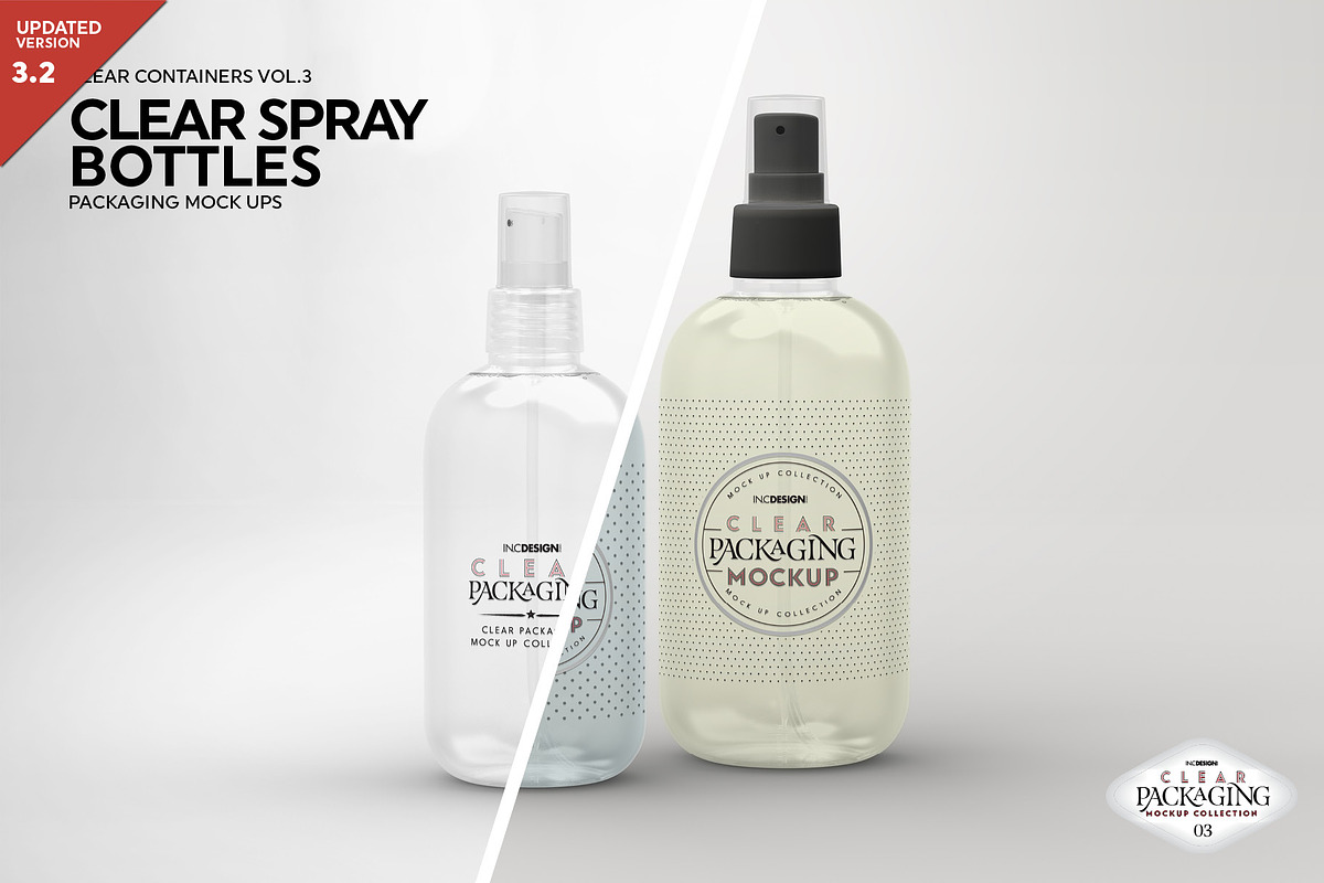 Clear Spray Bottles Packaging Mockup, a Cups & Container Mockup by INCDesign (Photo 1 of 9)