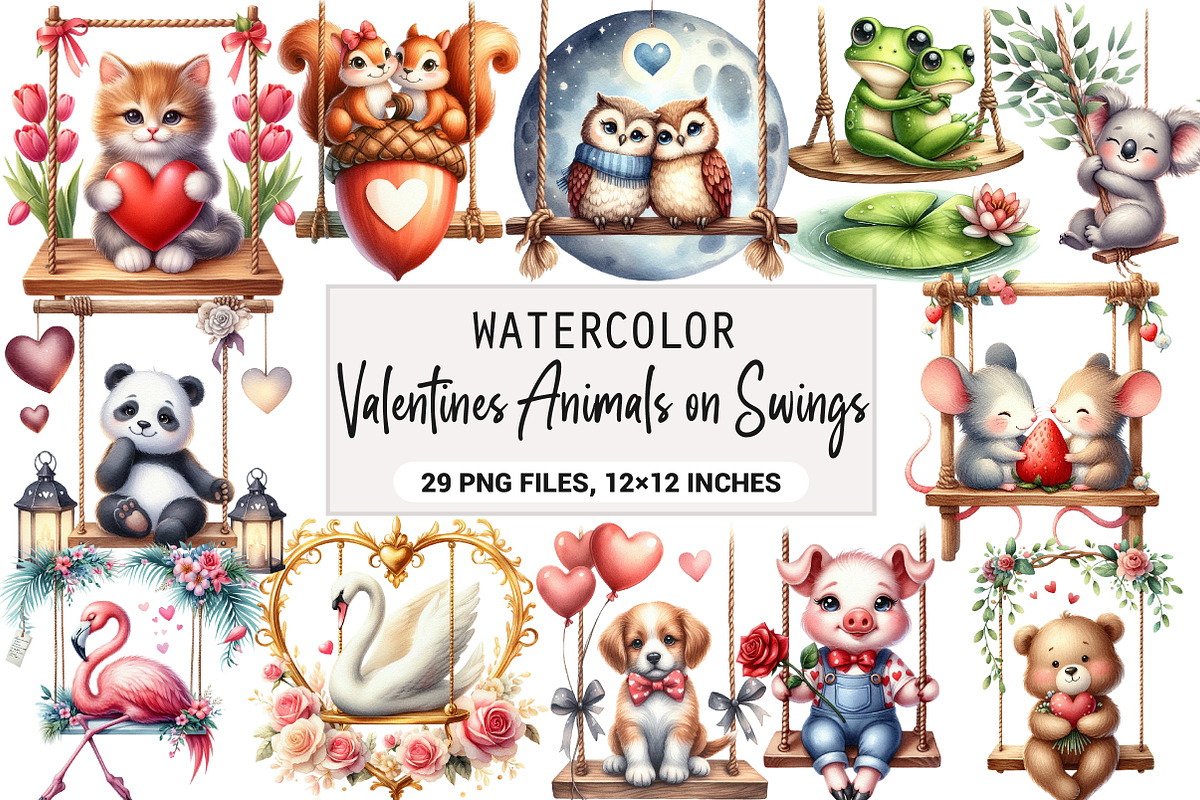 Valentines Animals on Swings Clipart, a Seasonal Illustration by DreamArtGraphic (Photo 1 of 5)