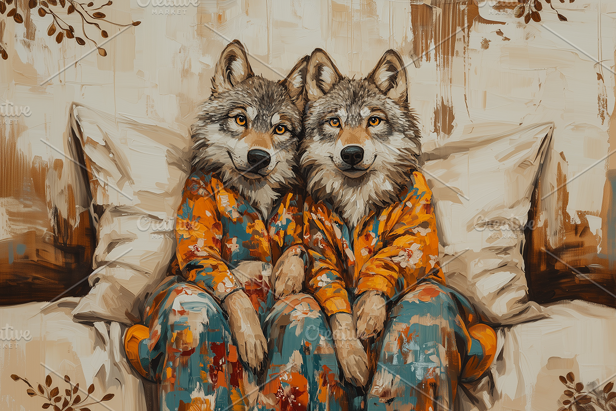 Wolves in Pajamas Rustic Print, an Animal Illustration by Art Paradise Studios
